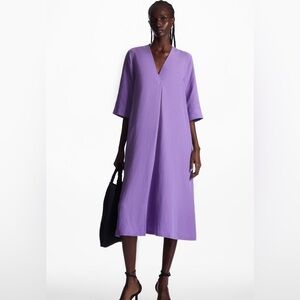 COS V-NECK LINEN-BLEND A-LINE DRESS IN PURPLE, SIZE 4